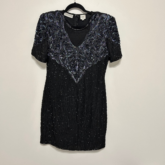 Vtg Melanie Lyne Beaded Dress Women's Large Black/Purple Formal Party READ - Picture 1 of 16